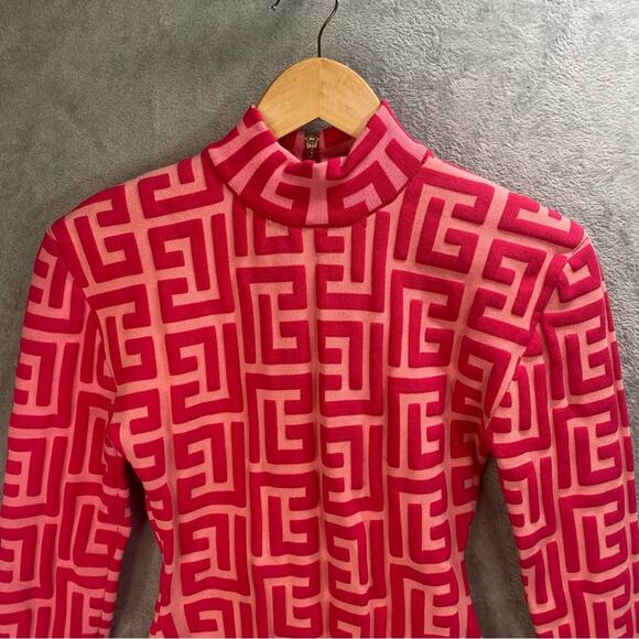 Bodycon Mini Dress Women Large Hot Pink Jacquard Knit Fitted Going Out‎ Party - Picture 5 of 14